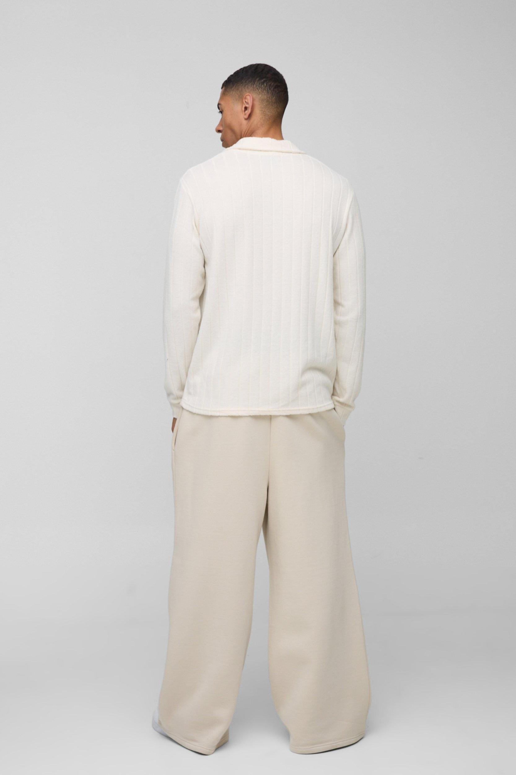 Regular Fit Brushed Wide Rib Revere Long Sleeve Polo | boohooMAN USA Product Image