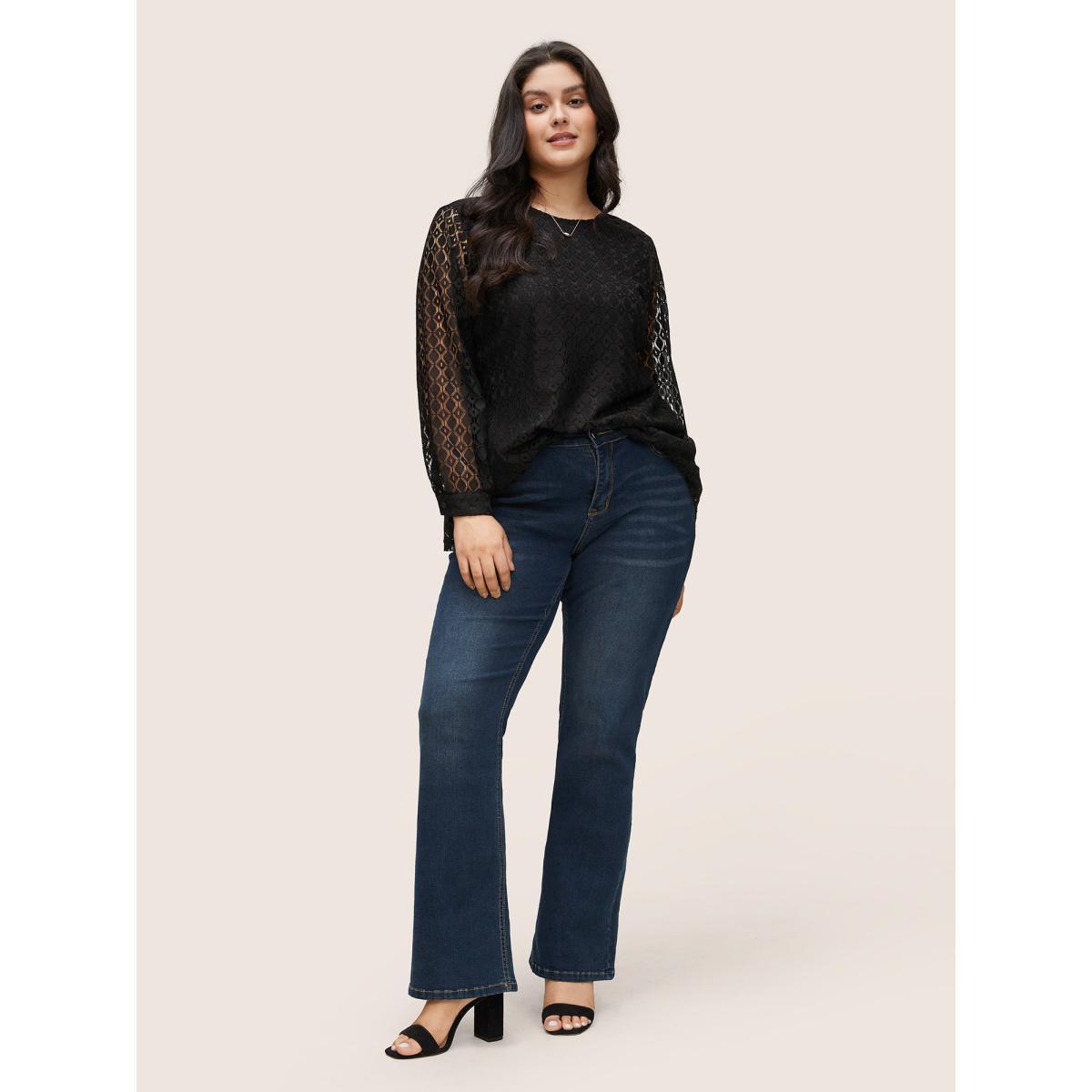 Plus Size Black Geometric Lace Panel Round Neck Blouse Women Elegant Long Sleeve Round Neck Party Blouses BloomChic 26/4X Product Image