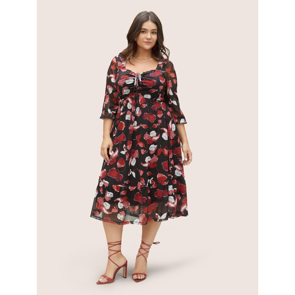 Plus Size Floral Print Drawstring Mesh Ruched Dress Black Women Elegant Lined Square Neck Half Sleeve Curvy Midi Dress BloomChic 18-20/2X Product Image