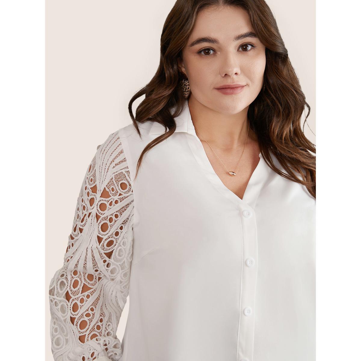 Plus Size White Static-Free Lace Panel Button Through Blouse Women Office Long Sleeve Shirt collar Party Blouses BloomChic 12/L Product Image