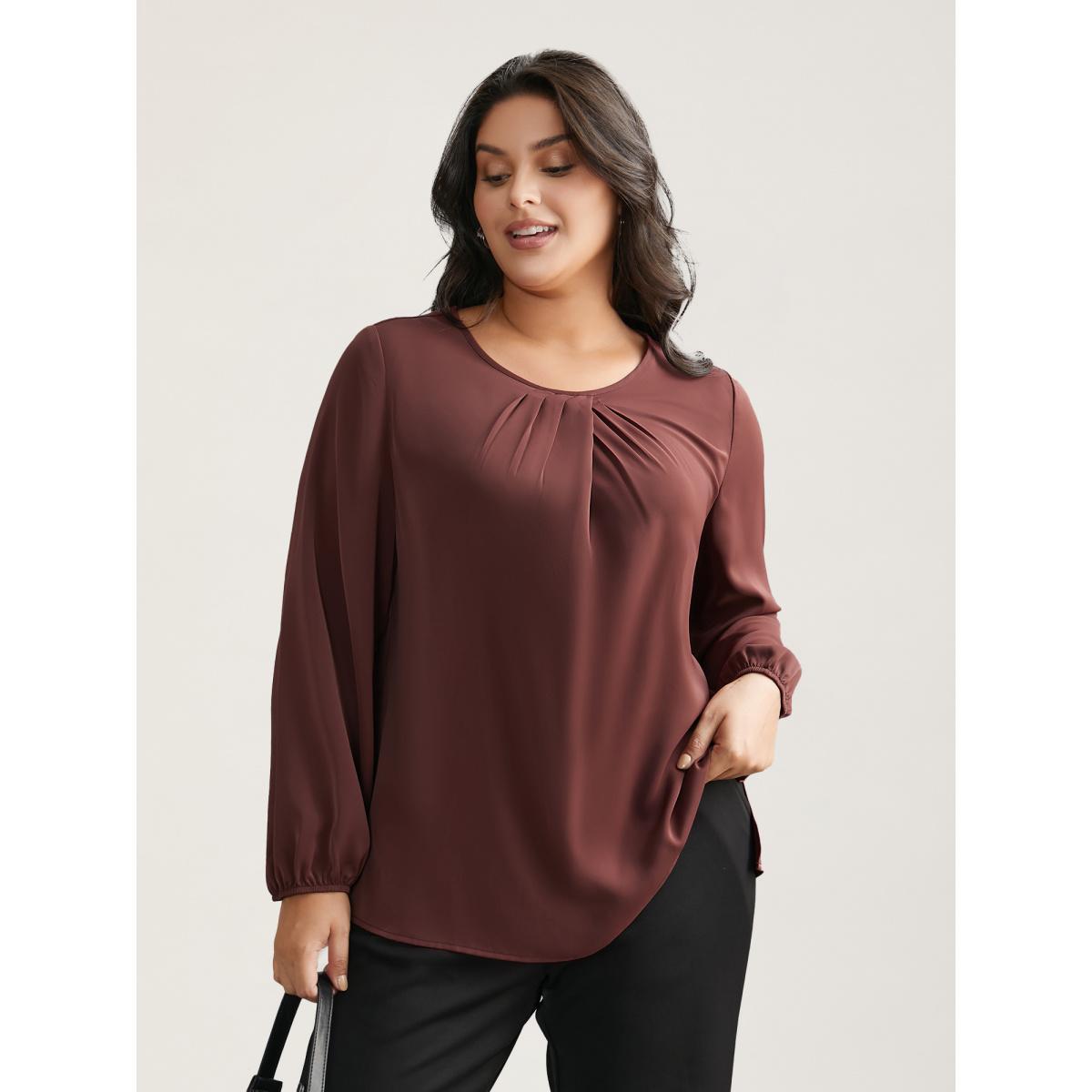 Plus Size Browncoffeecolor Solid Crew Neck Lantern Sleeve Blouse Women At the Office Long Sleeve Round Neck Work Blouses BloomChic 30/6X Product Image