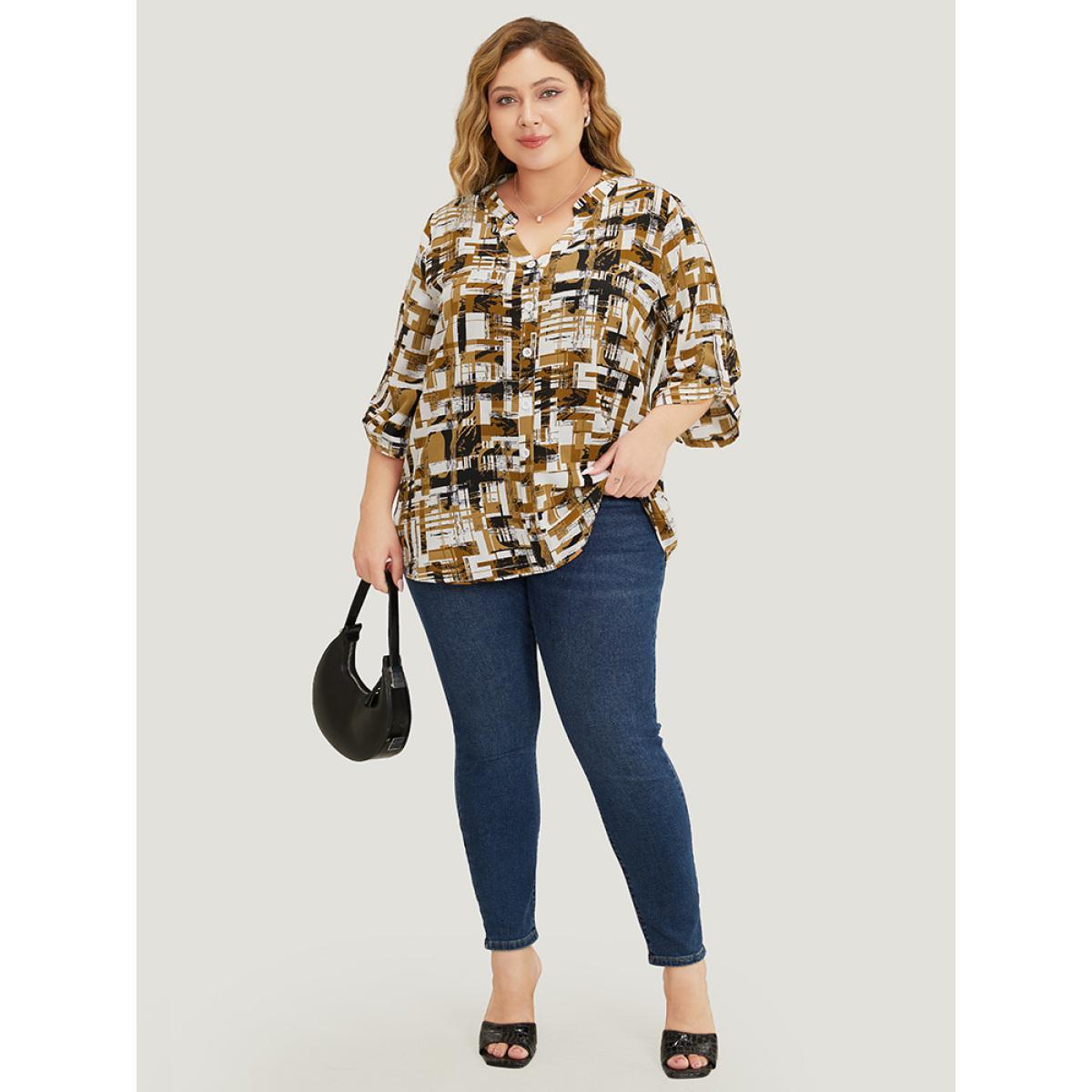 Plus Size Bronze Graphic Print Notched Button Detail Cuffed Sleeve Blouse Women Office Elbow-length sleeve Notched collar Work Blouses BloomChic 30/6X Product Image