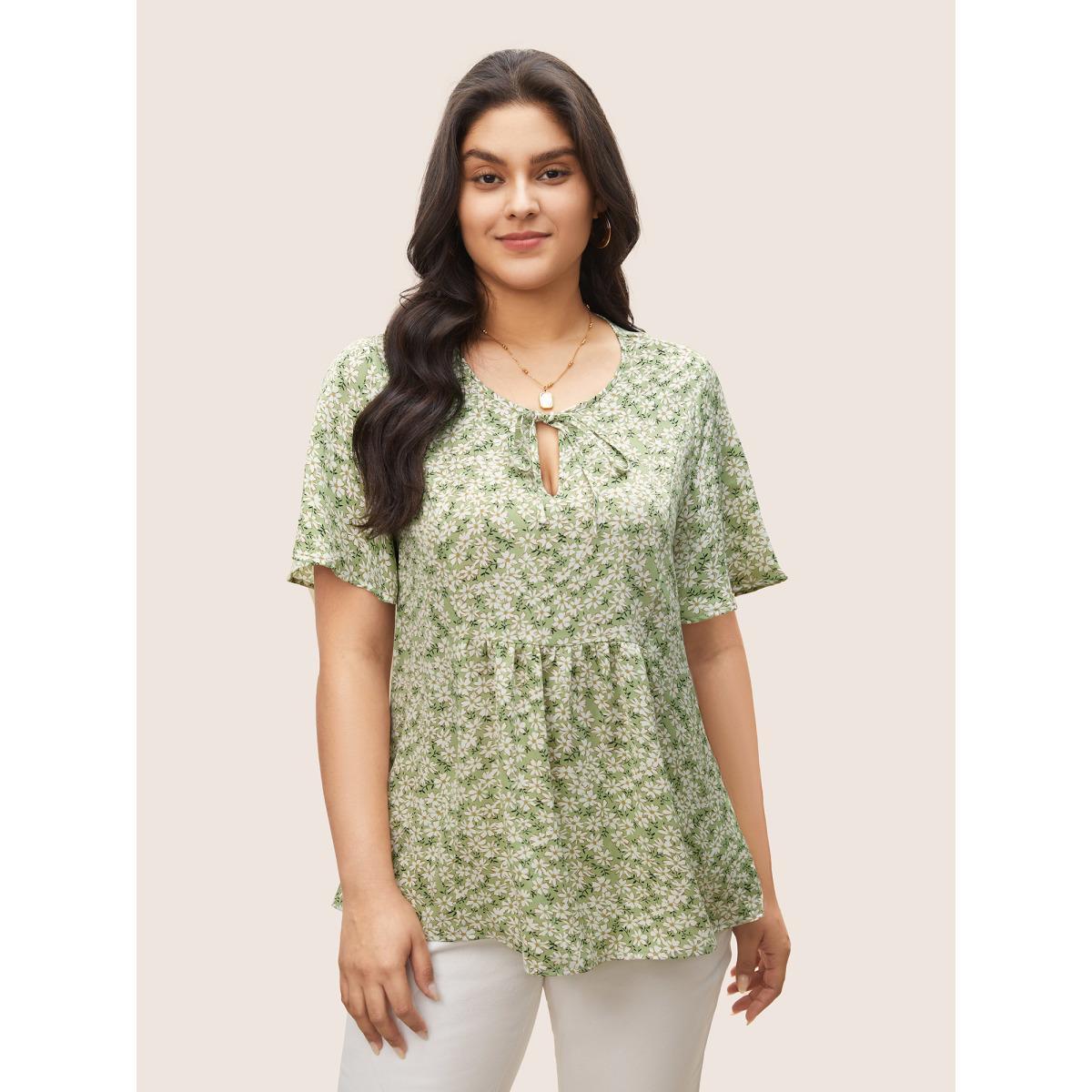 Plus Size Sage Ditsy Floral Ruffle Sleeve Gathered Ties Blouse Women Elegant Short sleeve Ribbon-tied collar Everyday Blouses BloomChic 26/4X Product Image