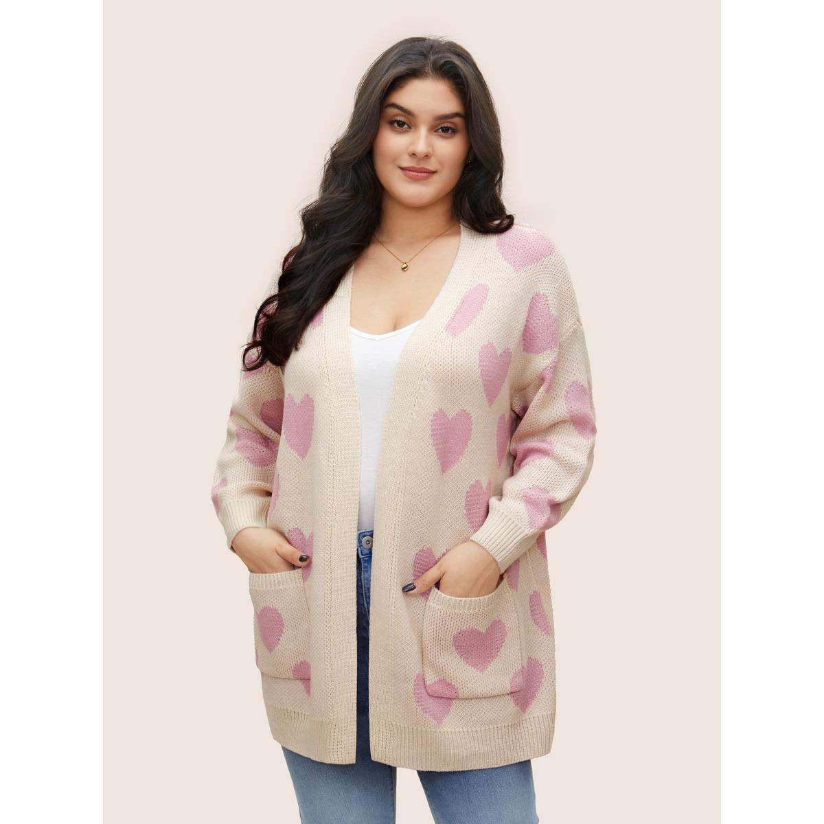 Plus Size Heart Geometric Contrast Pocket Cardigan Ivory Women Casual Long Sleeve Everyday Cardigans BloomChic 18-20/2X Product Image