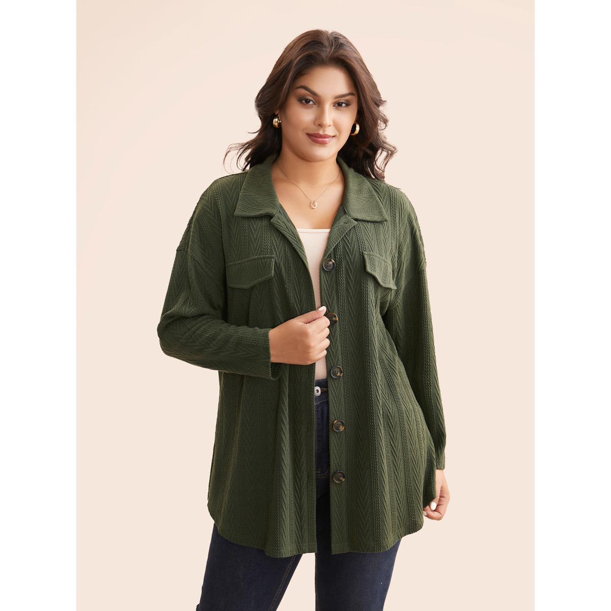 Plus Size Textured Flap Detail Arc Hem Jacket Women ArmyGreen Texture Everyday Jackets BloomChic 12/L Product Image