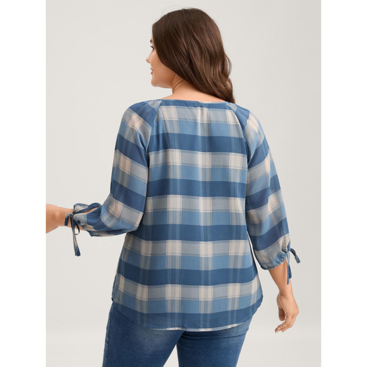 Plus Size Mediumblue Plaid Print Notched Collar Blouse Women Elbow-length sleeve Flat collar with V-notch Everyday-Casual Blouses BloomChic 28/5X Product Image