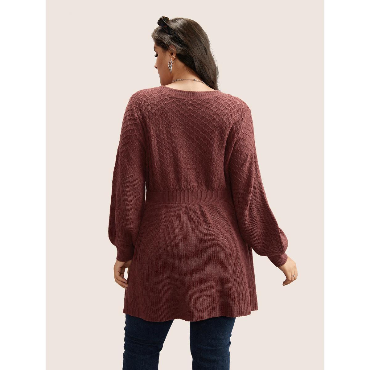 Plus Size Plain Plisse Lantern Sleeve A Line Pullover Rust Women Elegant Long Sleeve V-neck Everyday Pullovers BloomChic 12/L Product Image