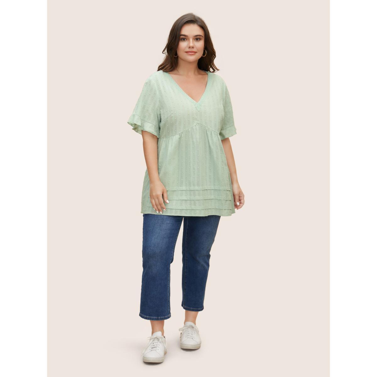 Plus Size Mint Textured Lace Panel Pleated Pocket Blouse Women Casual Short sleeve V-neck Everyday Blouses BloomChic 22-24/3X Product Image
