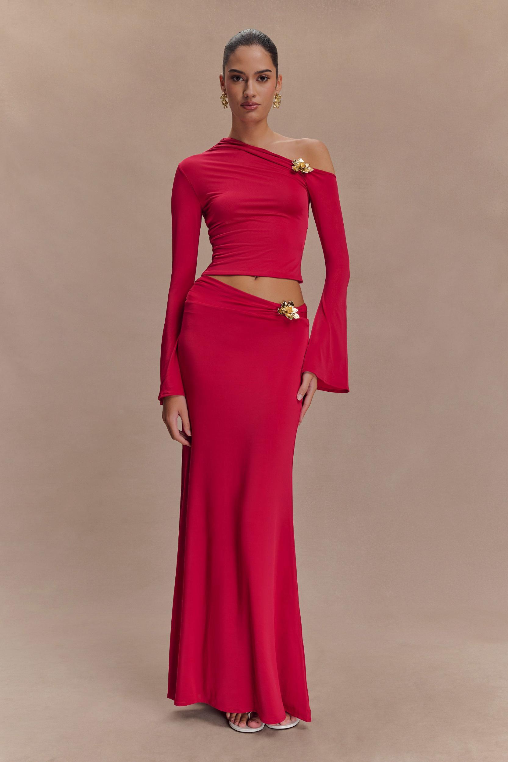 Ainsley Asymmetrical Long Sleeve Top With Floral Hardware - Fuchsia Pink Product Image