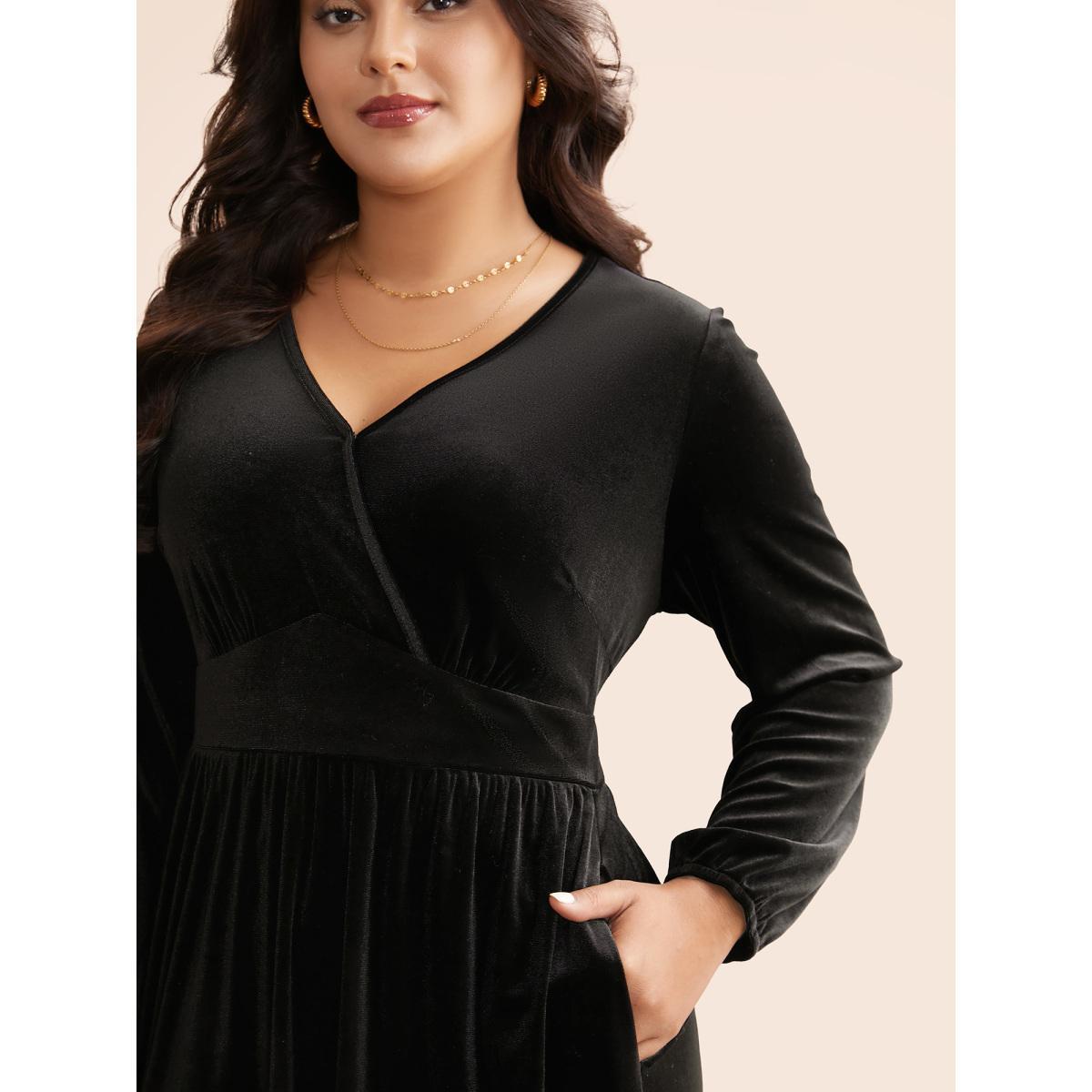 Plus Size Velvet Overlap Collar Shirred Gathered Dress Black Women Elegant Texture Overlap Collar Long Sleeve Curvy BloomChic 26/4X Product Image