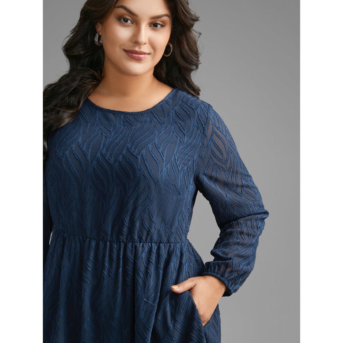Plus Size Textured Chiffon Lantern Sleeve Midi Dress DarkBlue Women At the Office Texture Round Neck Long Sleeve Curvy BloomChic 26/4X Product Image
