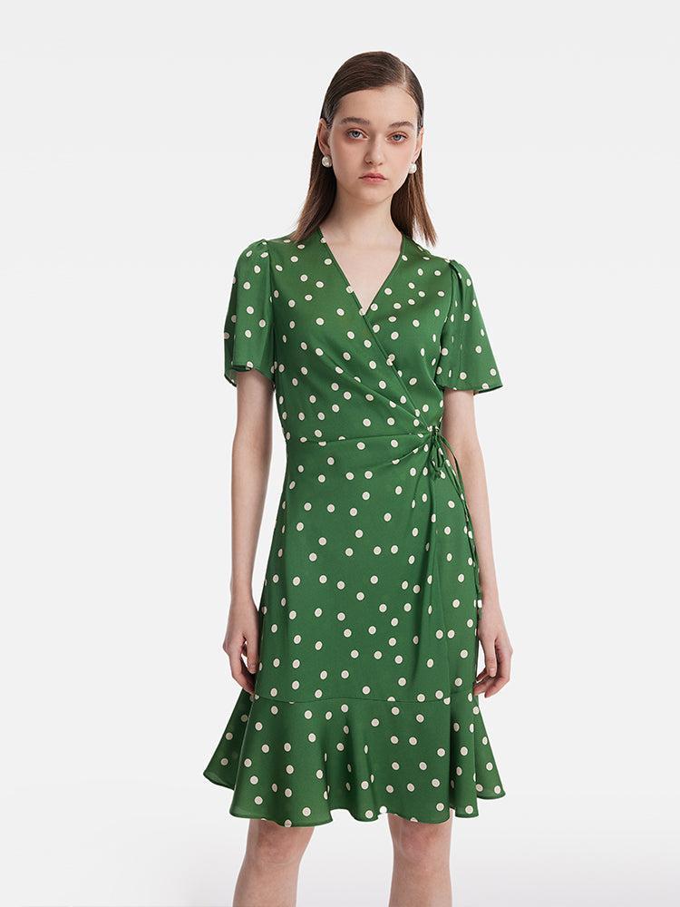 19 Momme Mulberry Silk Polka Dots Print Ruffle Women Mini Dress With S Product Image