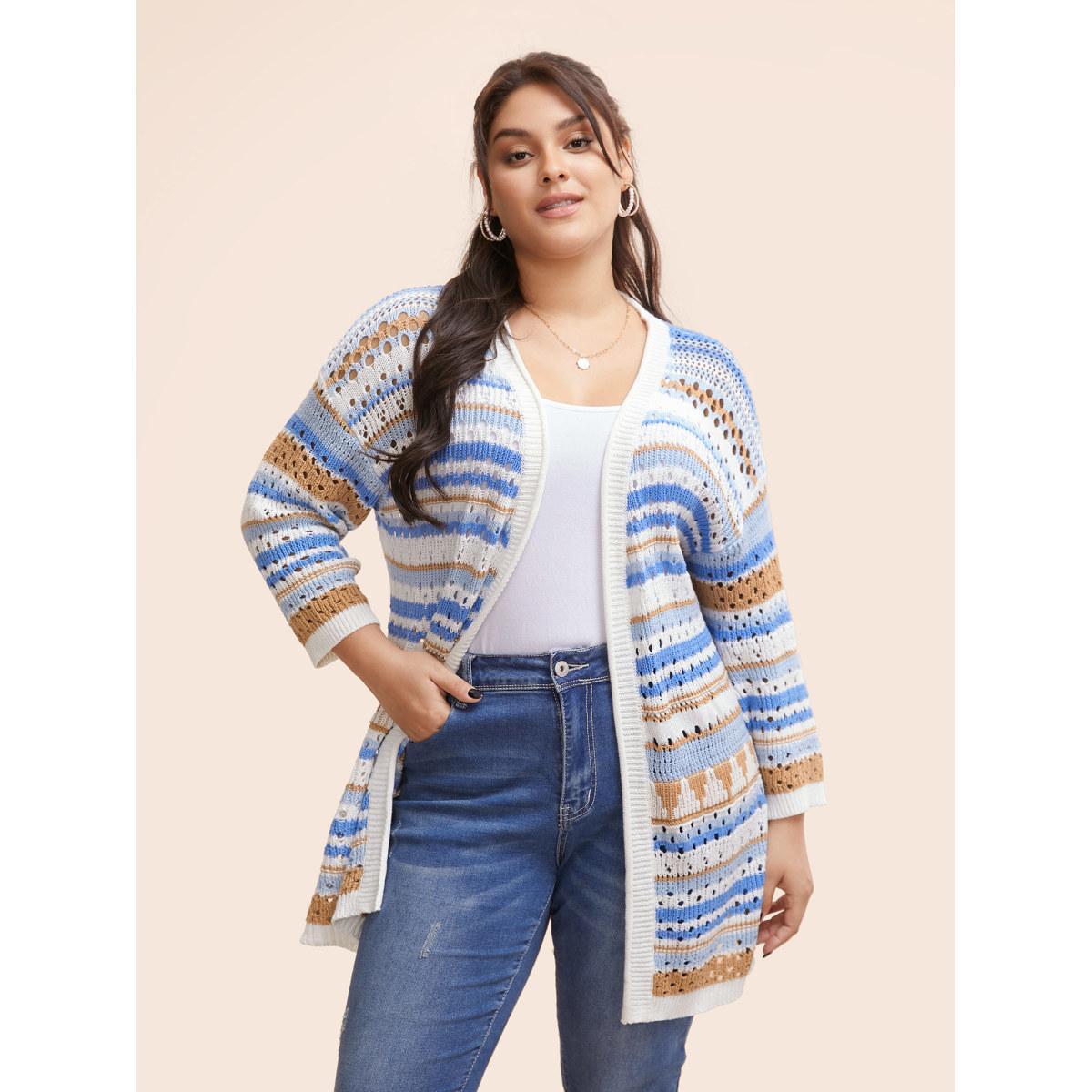 Plus Size Cotton Contrast Striped Cut Out Cardigan LightBlue Women Casual Loose Long Sleeve Everyday Cardigans BloomChic 14-16/1X Product Image