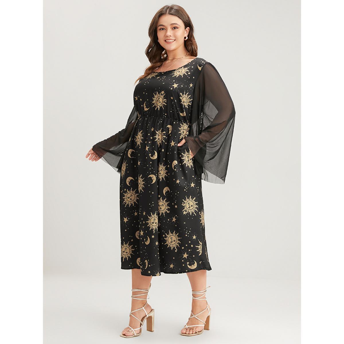 Plus Size Halloween Moon And Star Bell Sleeve Pocket Crew Neck Midi Dress Black Women Elegant Patchwork Round Neck Long Sleeve Curvy Midi Dress BloomChic 12/L Product Image