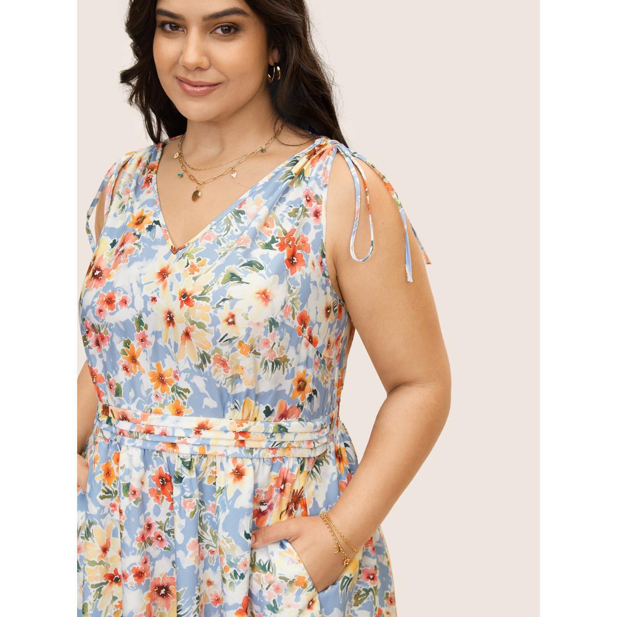 Plus Size Floral Pleated Drawstring Sleeveless Midi Dress Ivory Women Elegant Pleated V-neck Sleeveless Curvy BloomChic 26/4X Product Image