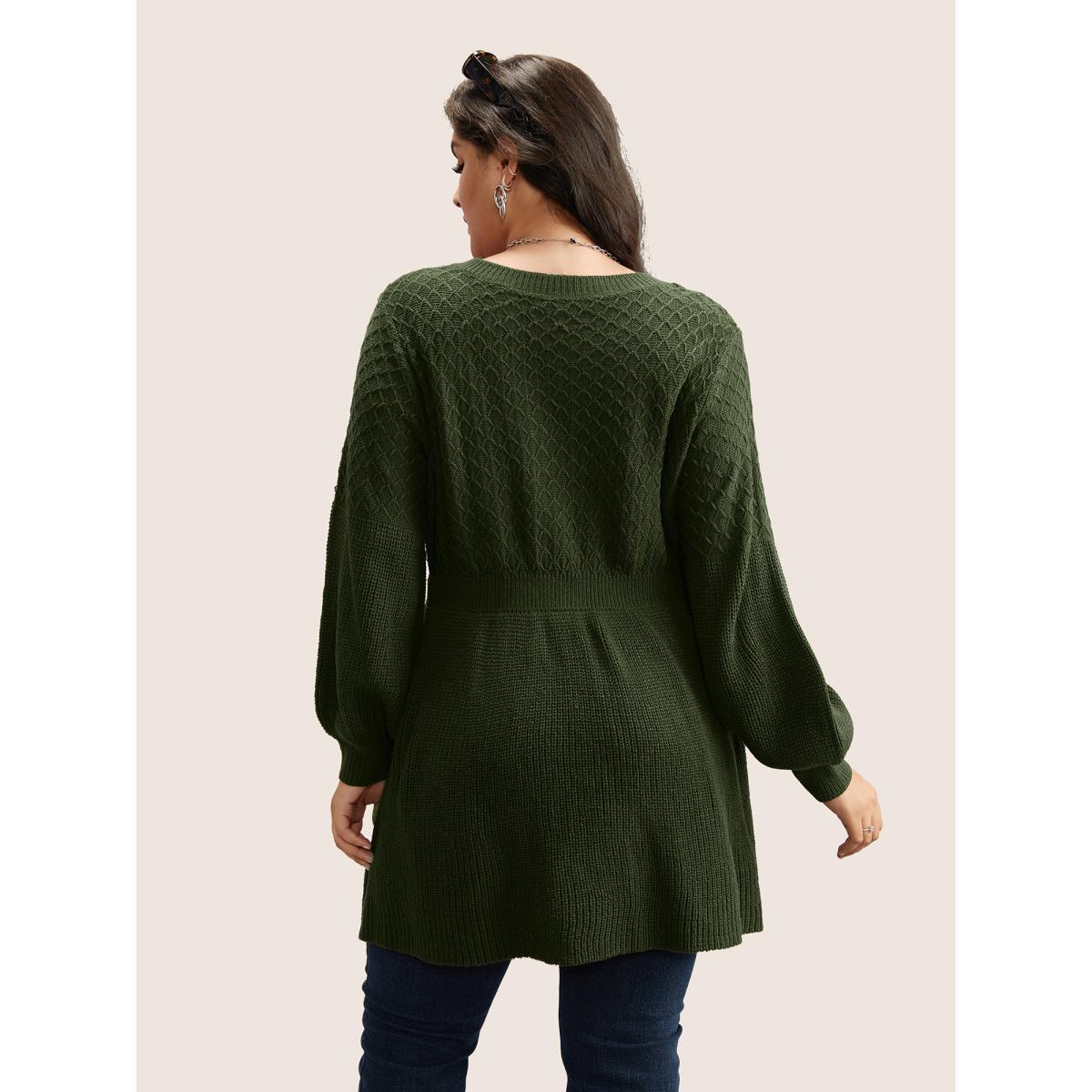 Plus Size Plain Plisse Lantern Sleeve A Line Pullover Moss Women Elegant Long Sleeve V-neck Everyday Pullovers BloomChic 18-20/2X Product Image