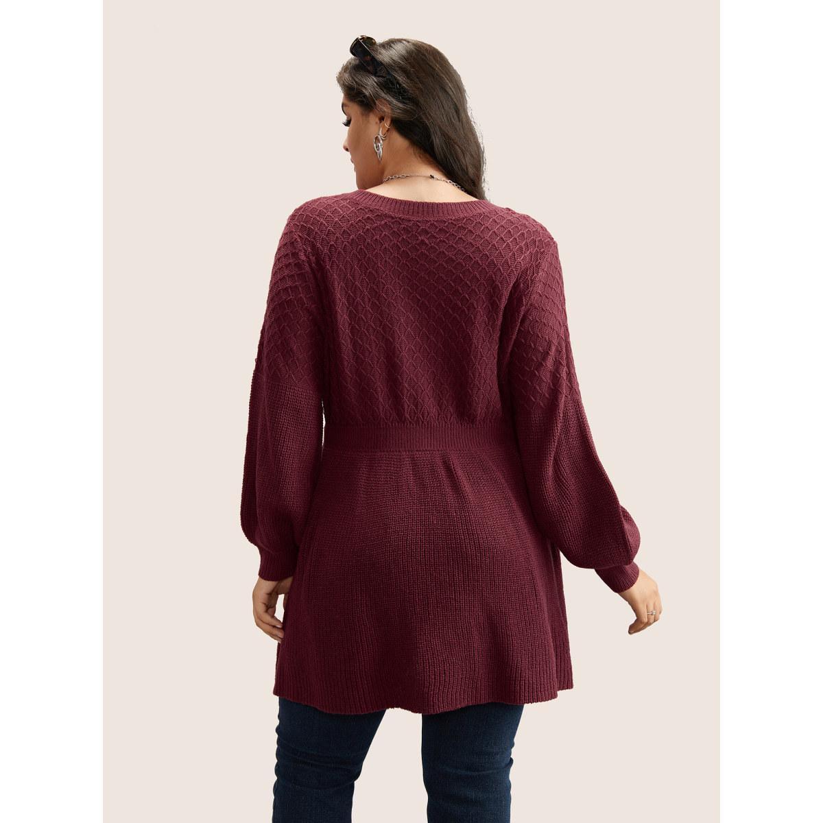 Plus Size Plain Plisse Lantern Sleeve A Line Pullover Moss Women Elegant Long Sleeve V-neck Everyday Pullovers BloomChic 10/M Product Image