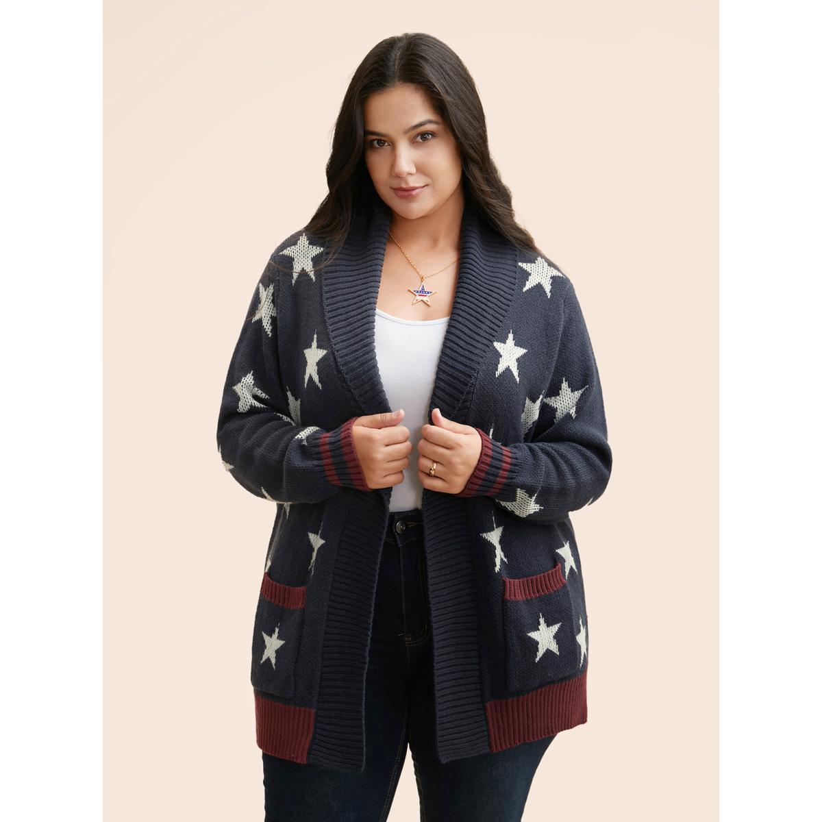 Plus Size Star Contrast Patched Pocket Cardigan Indigo Women Casual Loose Long Sleeve Everyday Cardigans BloomChic 30/6X Product Image