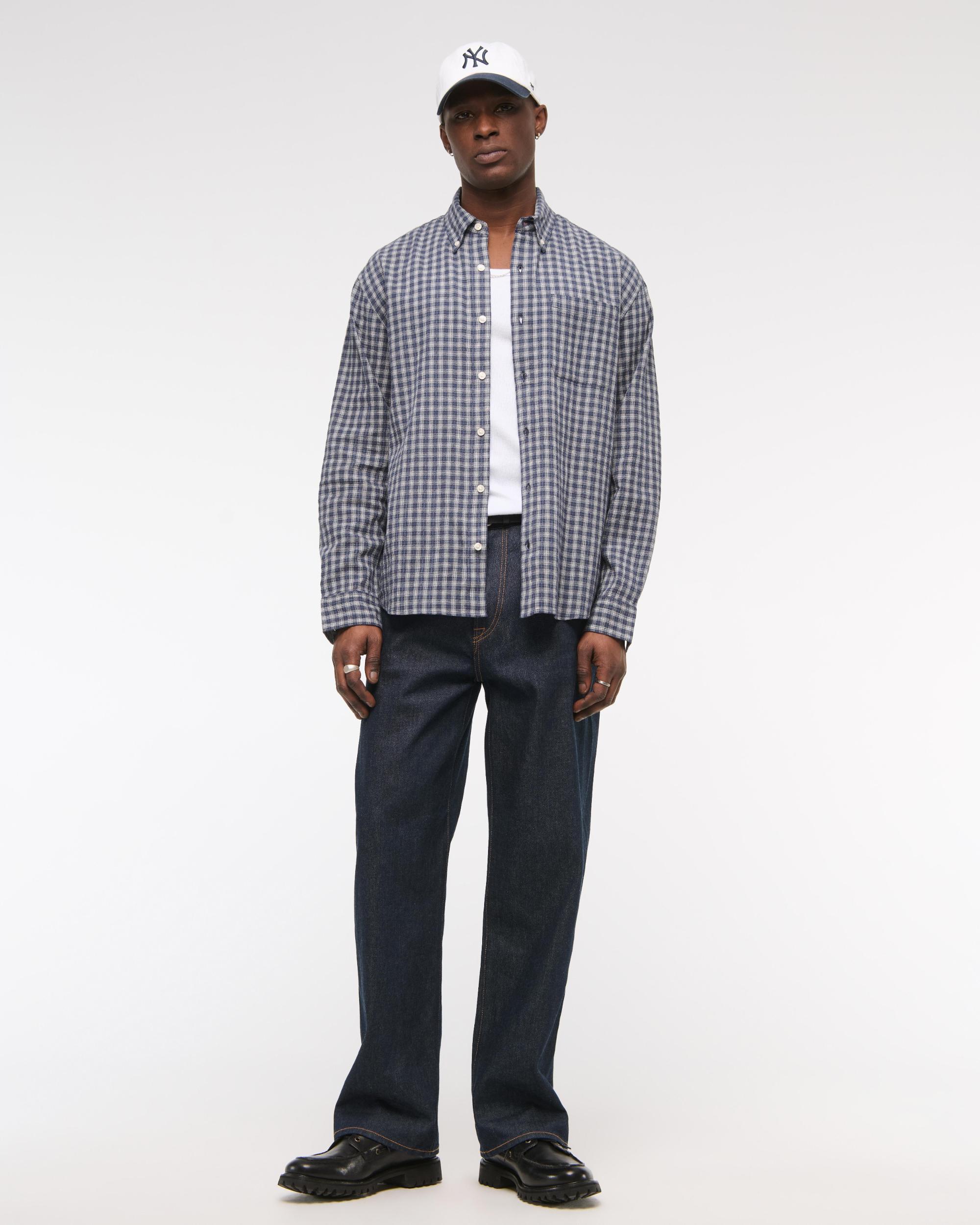 Long-Sleeve Textural Plaid Button-Up Shirt Product Image