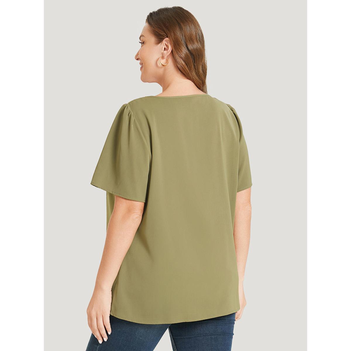 Plus Size SpringGreen Solid Pleated Button Detail Blouse Women Office Short sleeve Round Neck Work Blouses BloomChic 26/4X Product Image