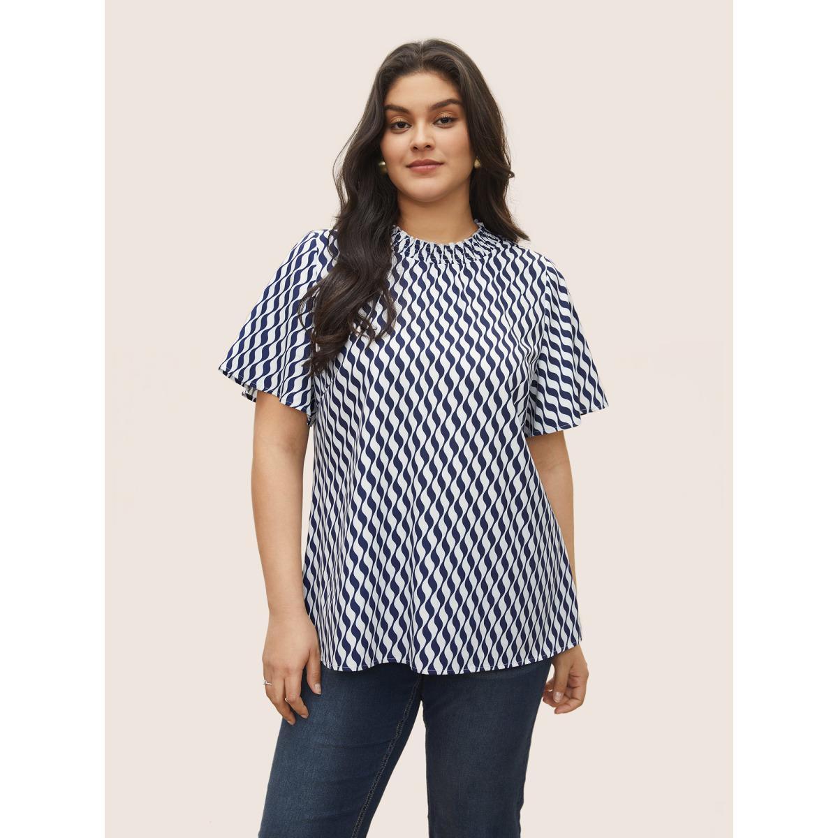 Plus Size Blue Geometric Mock Neck Shirred Ruffle Sleeve Blouse Women At the Office Short sleeve Mock Neck Work Blouses BloomChic 10/M Product Image