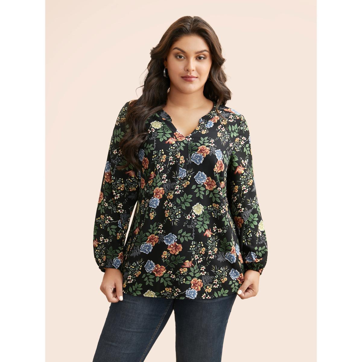 Plus Size Black Floral Notched Pleated Lantern Sleeve Blouse Women Elegant Extra Long Sleeve Notched collar Everyday Blouses BloomChic 22-24/3X Product Image