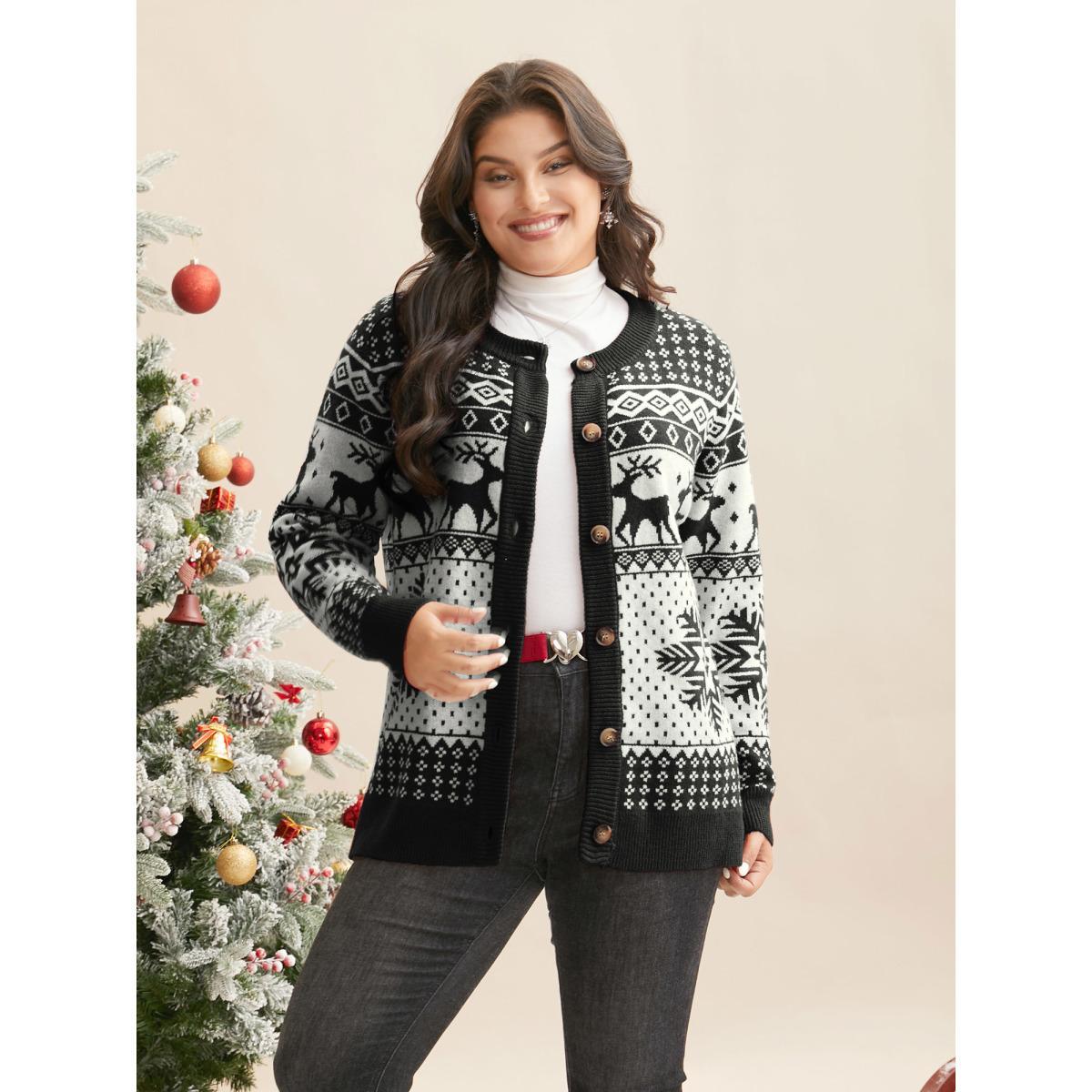 Plus Size Reindeer And Snow Pattern Button-Front Cardigan Black Women Casual Loose Long Sleeve Everyday Cardigans BloomChic 18-20/2X Product Image