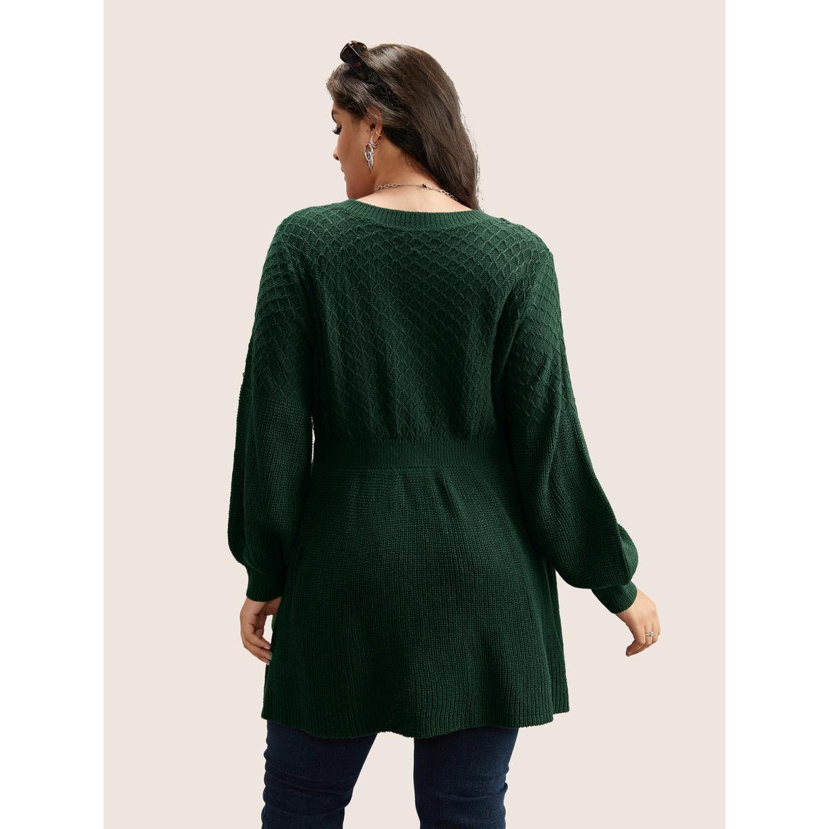 Plus Size Plain Plisse Lantern Sleeve A Line Pullover DarkGreen Women Elegant Long Sleeve V-neck Everyday Pullovers BloomChic 30/6X Product Image