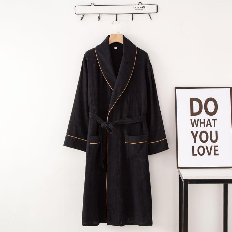 Couple Matching Plain Contrast Trim Tie Waist Pajama Robe (Various Designs) Product Image