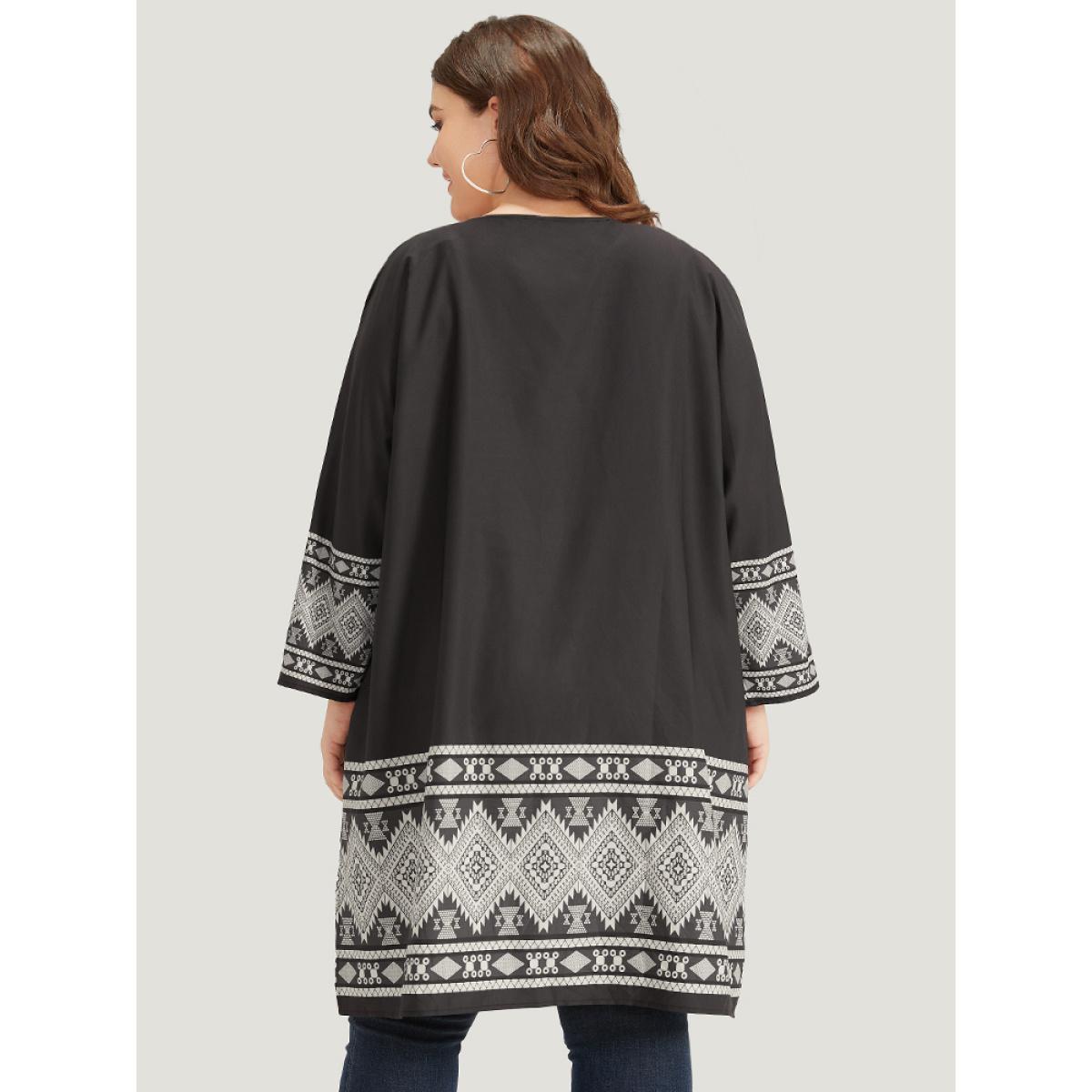 Plus Size Boho Print Open Front Pocket Split Hem Kimono Women Black Casual Printed Loose Pocket Dailywear Kimonos BloomChic 26/4X Product Image