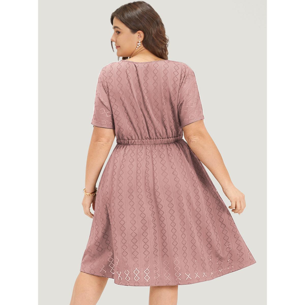 Plus Size Plain Geo Eyelet Batwing Sleeve Elastic Waist Dress DustyPink Women Casual Texture Round Neck Short sleeve Curvy Midi Dress BloomChic 10/M Product Image