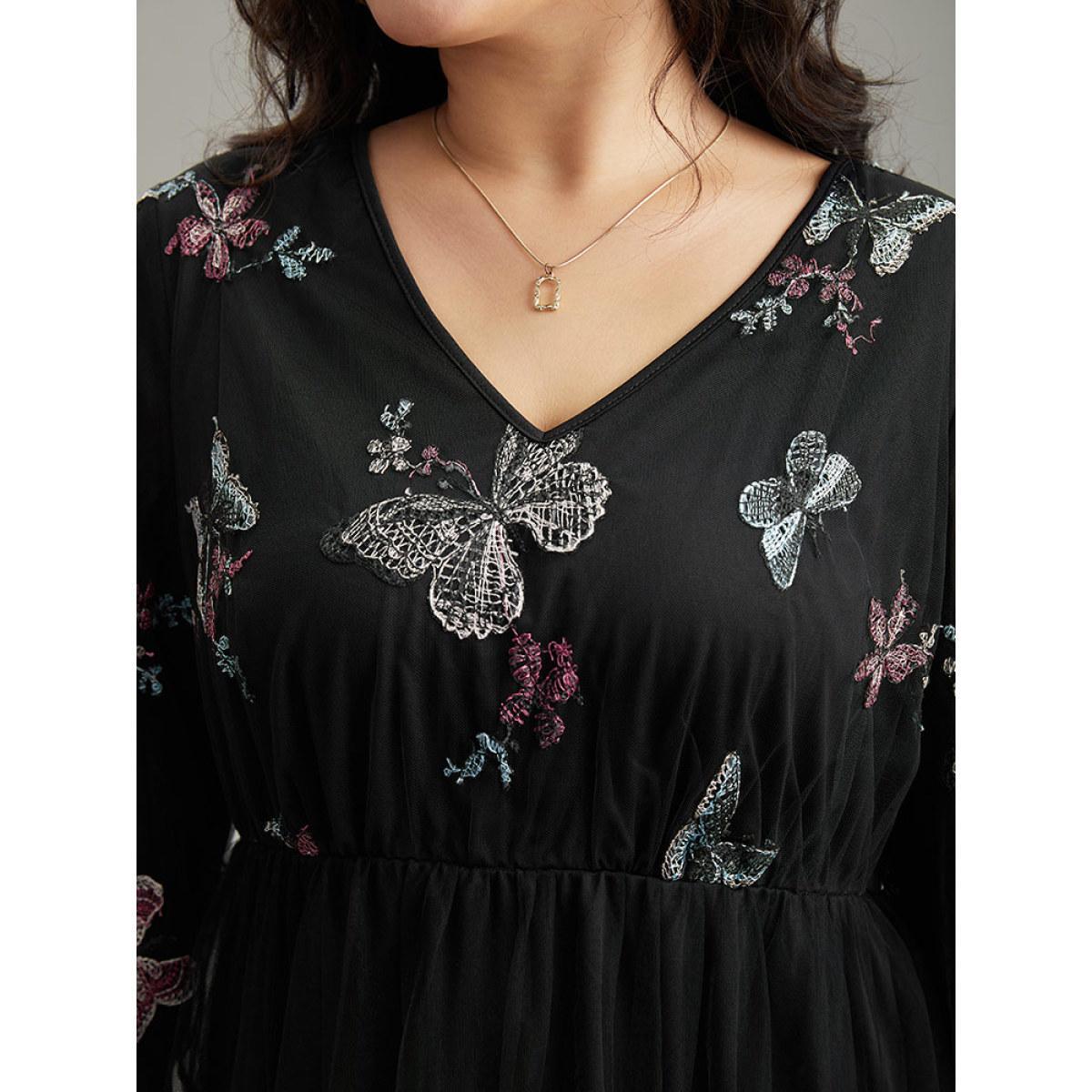 Plus Size Butterfly Embroidered Mesh Gathered Patchwork Dress Black Women Party Elastic cuffs V-neck Long Sleeve Curvy Midi Dress BloomChic 30/6X Product Image