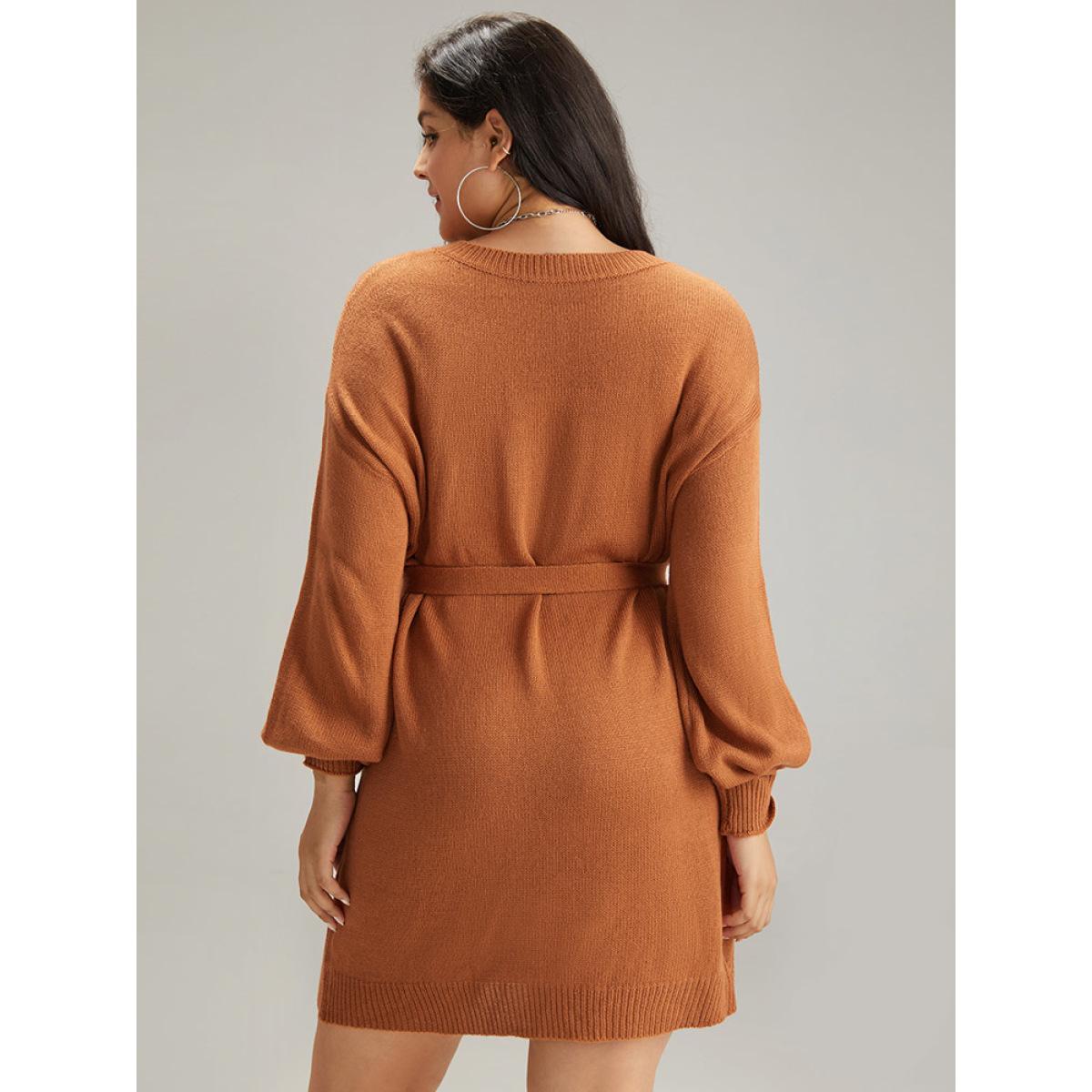 Plus Size Cable Knit Belted Lantern Sleeve Sweater Dress Chocolate Women Casual Loose Long Sleeve Dailywear Sweater Dresses BloomChic 12/L Product Image