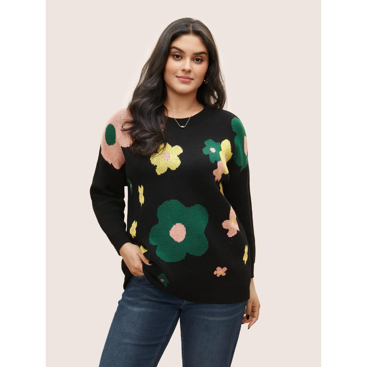 Plus Size Supersoft Essentials Colour Floral Drop Shoulder Pullover Black Women Casual Loose Long Sleeve Round Neck Everyday Pullovers BloomChic 14-16/1X Product Image