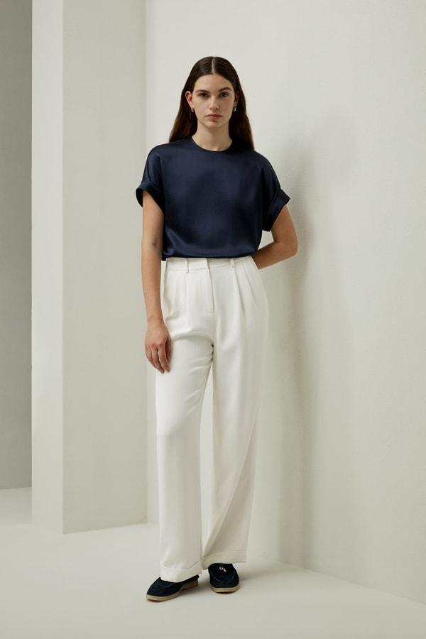 Obliuque Sleeves Round Neck Silk Tee Product Image