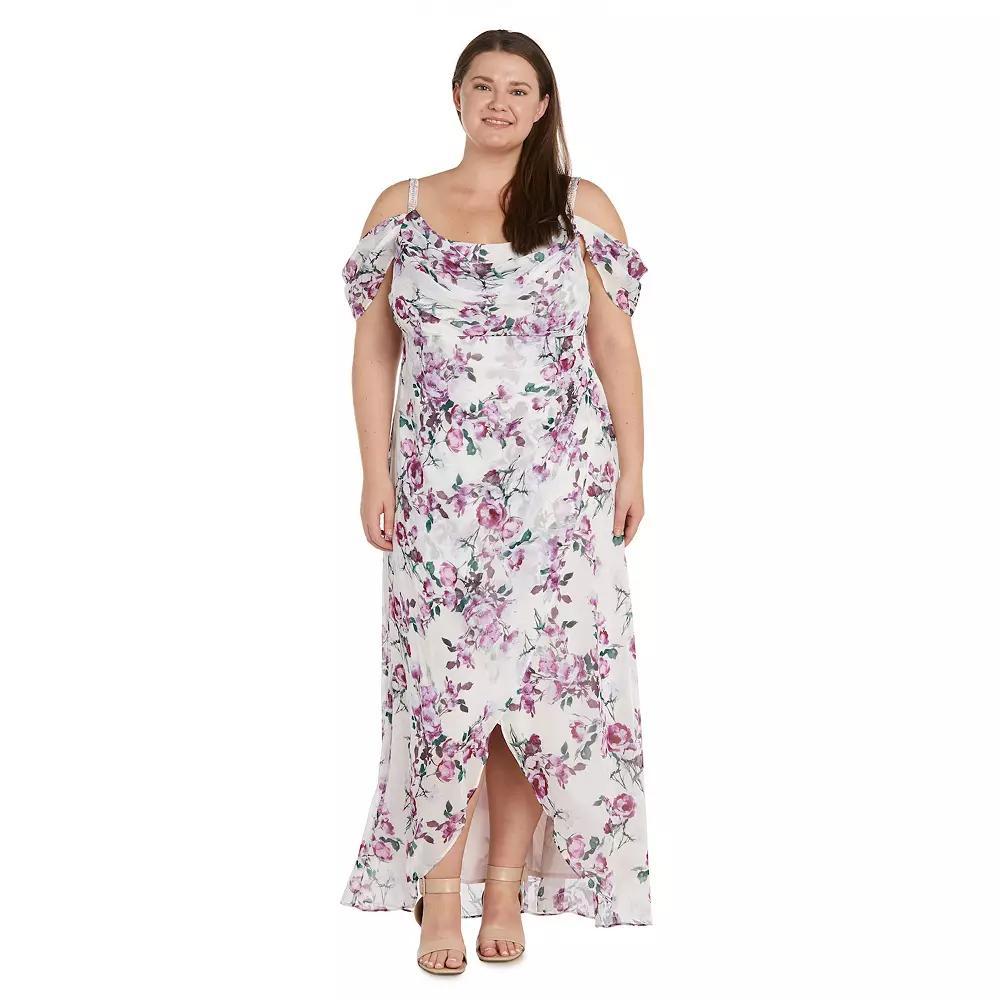 Plus Size R&M Richards Printed Hi-Lo Cowl Neck Chiffon Dress, Women's, Size: 20 W, Ivory Lilac Product Image