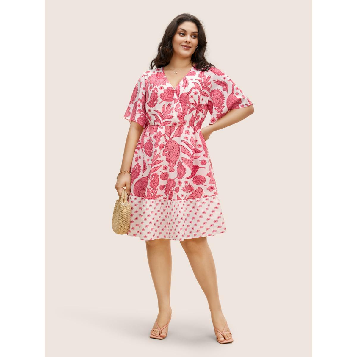 Plus Size Overlap Collar Boho Print Patchwork Dress Salmon Women Resort Patchwork Overlap Collar Half Sleeve Curvy BloomChic 18-20/2X Product Image