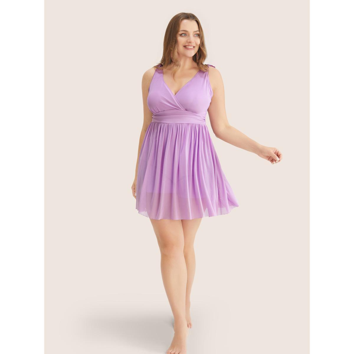 Plus Size Sculpt Waist Ruched Split Hem Swim Dress Women's Swimwear Lilac Beach Bodycon V-neck High stretch Curve Swim Dresses BloomChic 28/5X Product Image