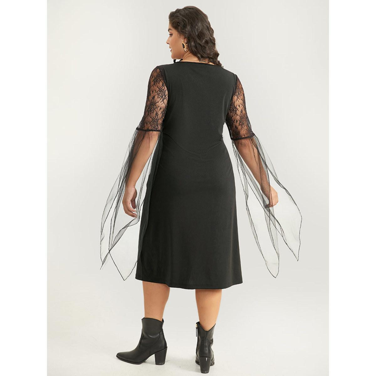 Plus Size Halloween Patchwork Lace Mesh Split Hem Lace Up Dress Black Women Glamour Cross straps Square Neck Short sleeve Curvy Midi Dress BloomChic 18-20/2X Product Image
