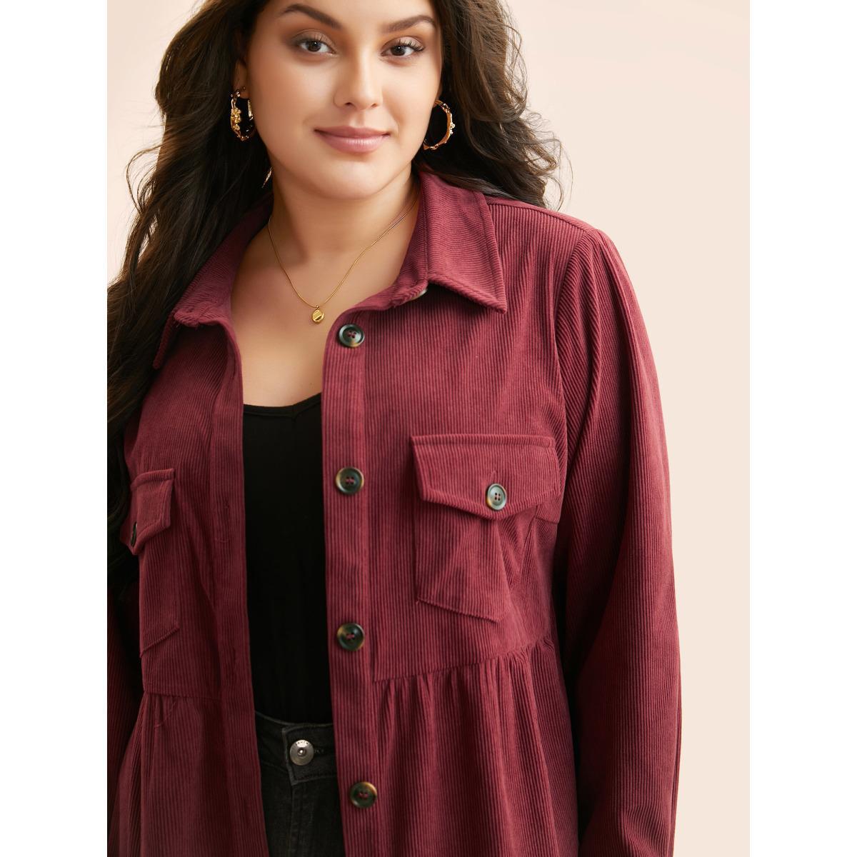 Plus Size Corduroy Collared Flap Detail Jacket Women Scarlet Gathered Everyday Jackets BloomChic 28/5X Product Image