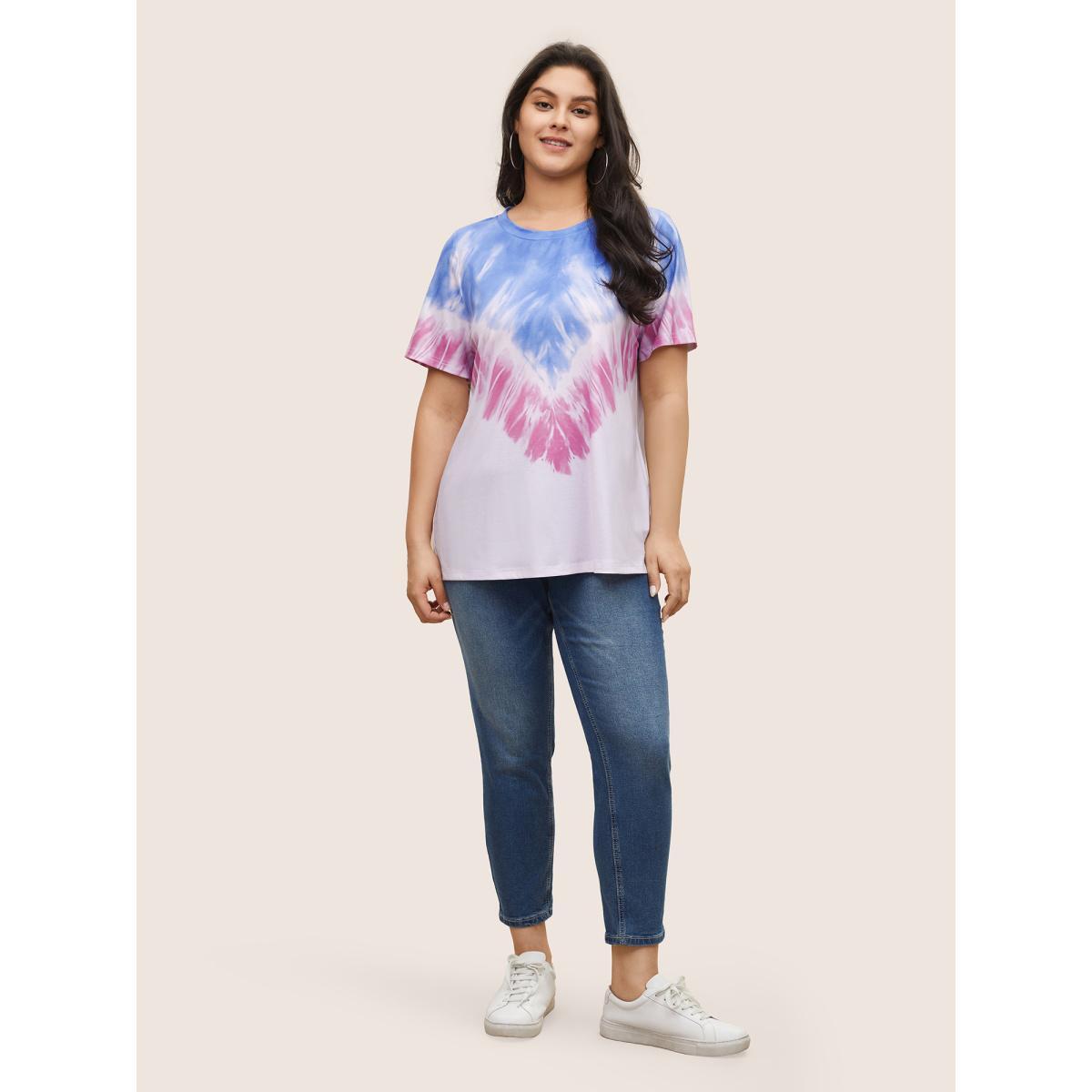 Plus Size Tie Dye Contrast Round Neck T-shirt Multicolor Women Casual Non Tie Dye Round Neck Everyday T-shirts BloomChic 26/4X Product Image
