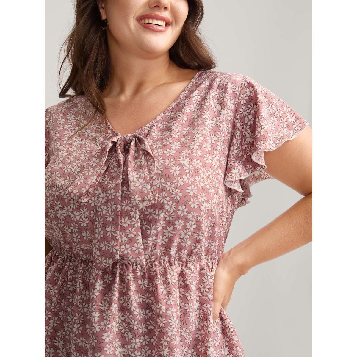 Plus Size Dirtypink Ribbon Neck Floral Print Ruffled Blouse Women Cap Sleeve Ribbon-tied collar Everyday-Elegant Blouses BloomChic 26/4X Product Image