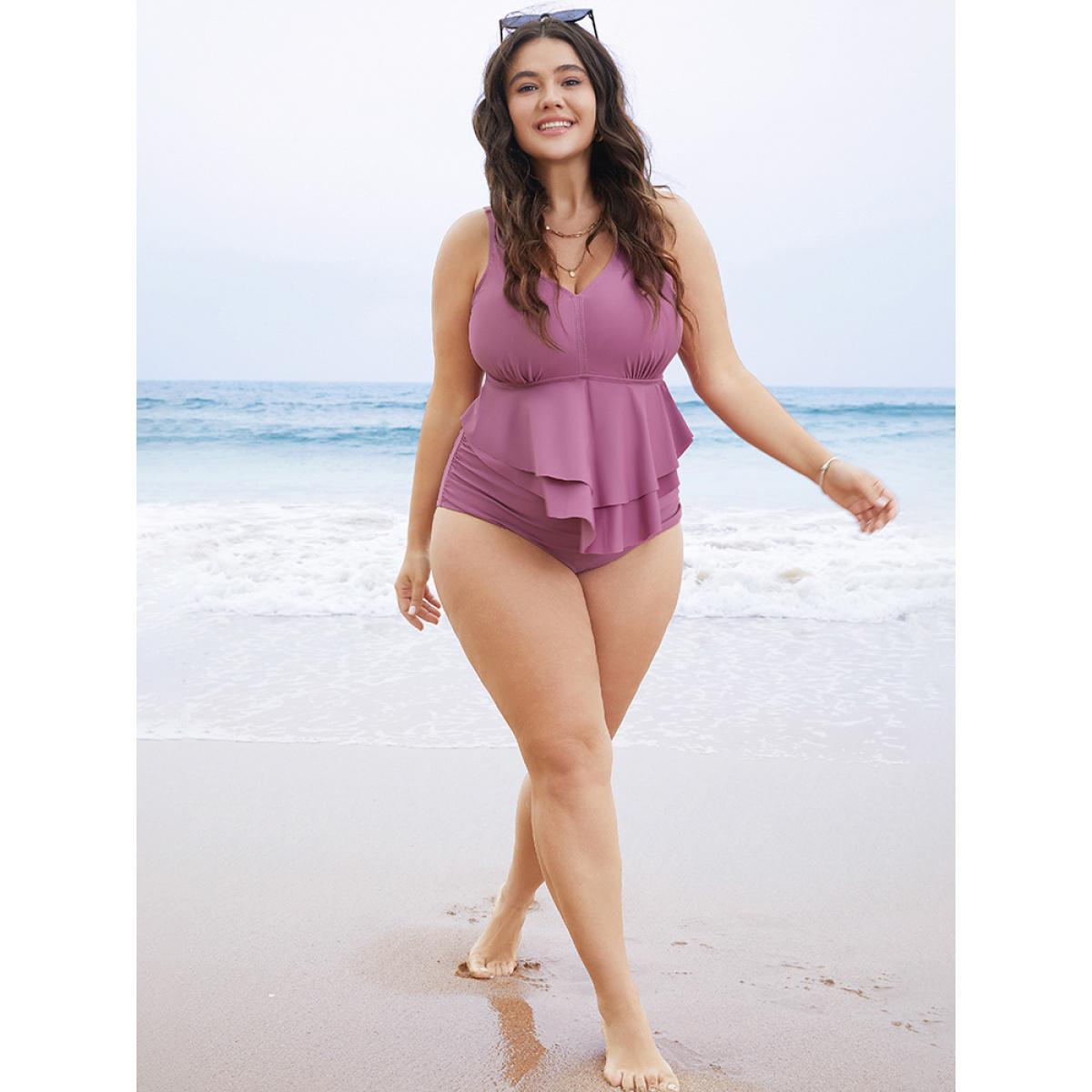 Plus Size Solid Sculpt Waist Patchwork Ruffle Tiered One Piece Swimsuit Women's Swimwear Lilac Vacation Adjustable Straps Curve Bathing Suits High stretch One Pieces BloomChic 14-16/1X Product Image