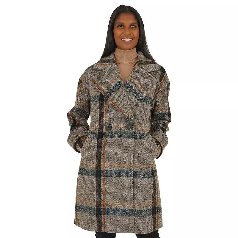 Women's Fleet Street Long Double Breasted Boucle Coat, Size: Medium, Brown Plaid Product Image