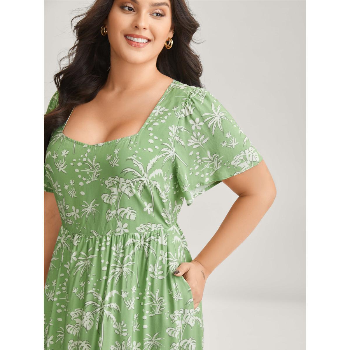 Plus Size Tropical Mood Color Contrast Midi Dress Truegreen Women Heart neckline Short sleeve Curvy BloomChic 26/4X Product Image