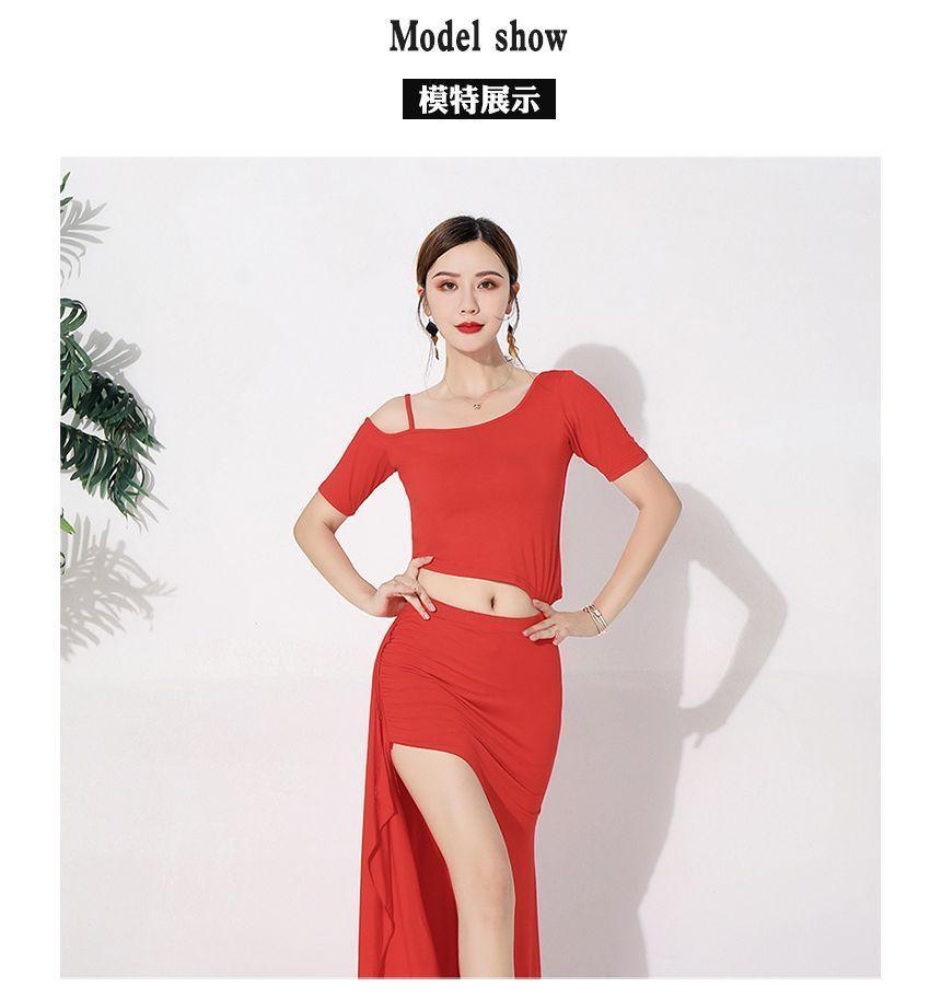 Set: Short-Sleeve Cold-Shoulder Plain Crop Dance Top + Mid Rise Asymmetrical Slit Maxi Pencil Skirt Product Image