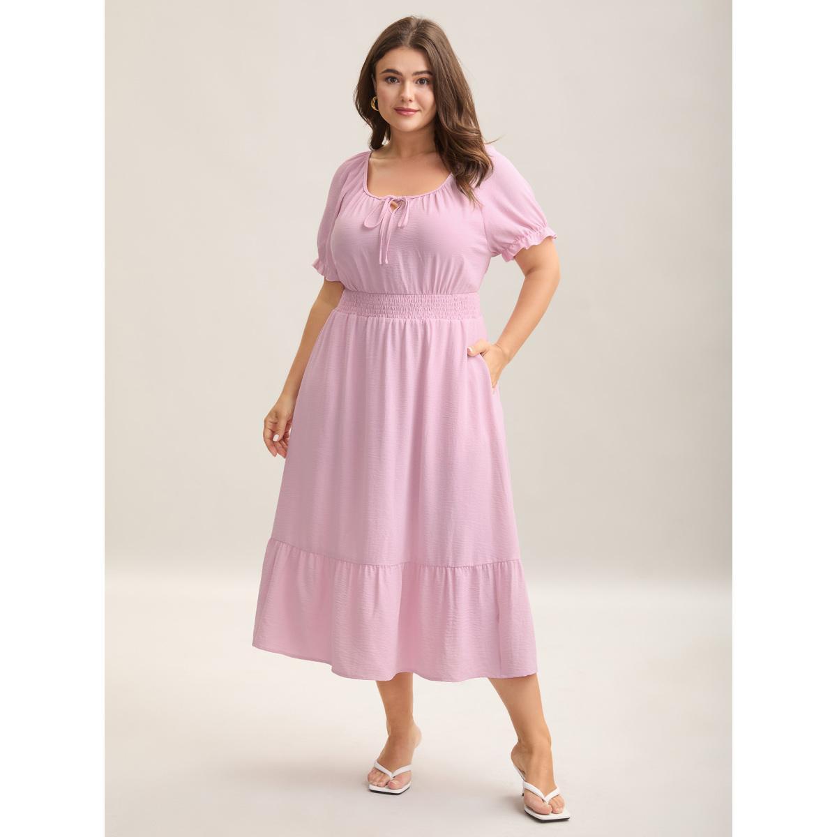 Plus Size Shirred Waist Tiered Hem Milkmaid Dress Blush Women Round Neck Cap Sleeve Curvy BloomChic 14-16/1X Product Image