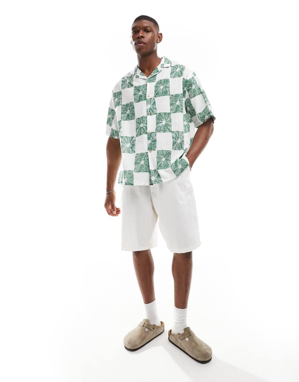 ASOS DESIGN oversized shirt in white and green checkerboard floral print Product Image