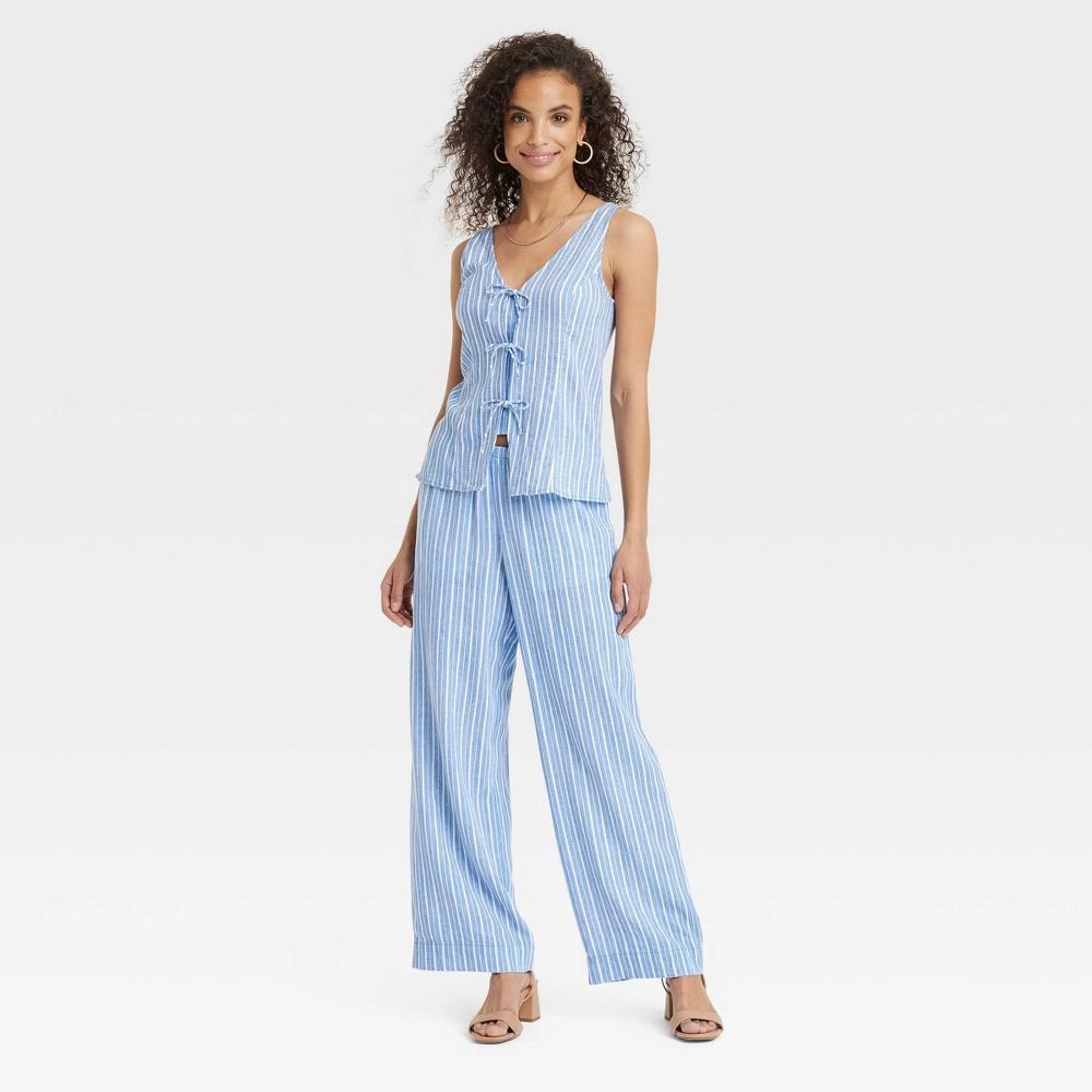 Womens Mid-Rise Wide Leg Linen Pull-On Pants - A New Day Blue Striped L: Canvas Fabric, Adjustable Drawstring Waist, 30.5 Inseam Product Image