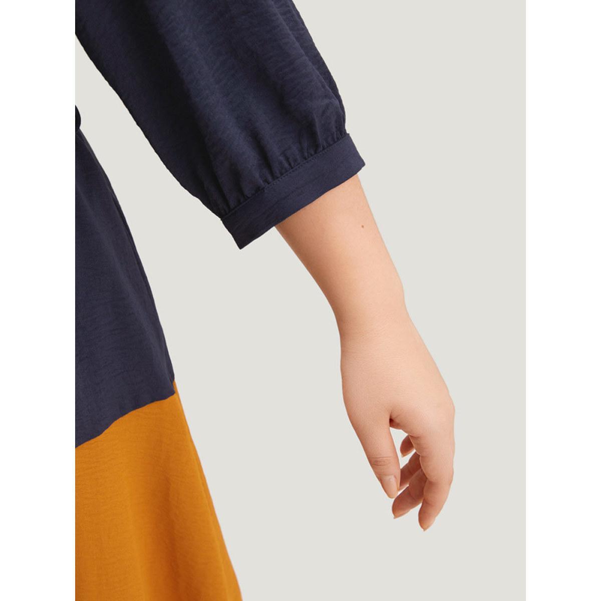 Plus Size Colorblock Contrast Metal Detail Lantern Sleeve Dress Midnight Women Casual Gathered Round Neck Elbow-length sleeve Curvy Midi Dress BloomChic 18-20/2X Product Image
